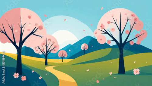 Stylized landscape rolling hills, cherry blossom trees, winding path under a bright, blue sky. Flat graphic design