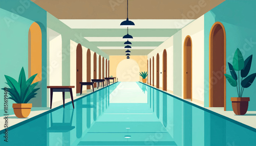 Stylized illustration of a pool hall with teal walls, arched doorways, and plants