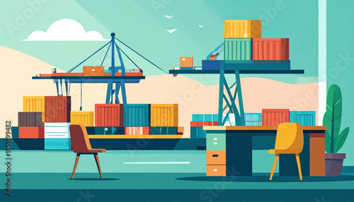 Stylized illustration of a port with cranes, shipping containers, and an office desk and chairs