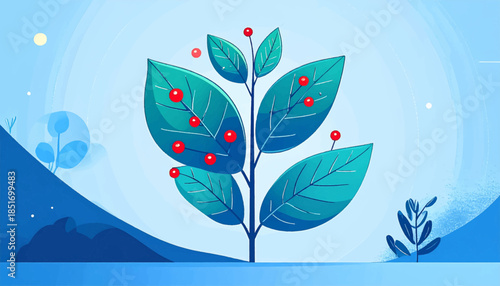 Stylized illustration of a plant with leaves and red berries against a blue landscape background