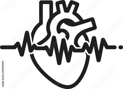 Human heart silhouette vector with heartbeat line, medical cardiology icon isolated on white background