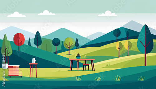 Stylized landscape scene featuring rolling hills, trees, and red furniture. Flat vector style