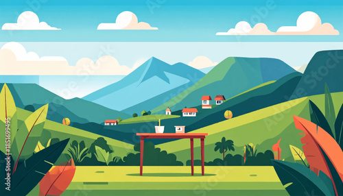 Stylized landscape scene of rolling hills, small houses, mountains and a table in the foreground