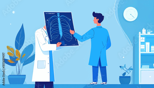 Two doctors examine an X-ray in a serene, blue-toned office space with plants and a clock on the wall