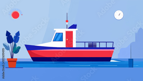 Stylized illustration of a red and blue boat on the water with a plant and wall clock