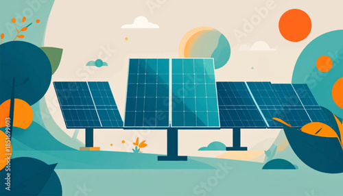 Stylized illustration of solar panels against a stylized landscape in orange and turquoise hues