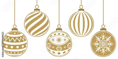 Elegant set of gold Christmas baubles with metallic reflections, hanging ornaments, festive holiday vector illustration.