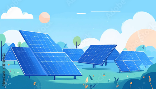 Stylized illustration of solar panels in a field under a blue sky with clouds and a peach-colored sun