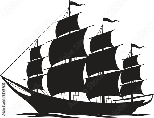 Sailing ship silhouette vector, old pirate ship sea vessel icon isolated on white background