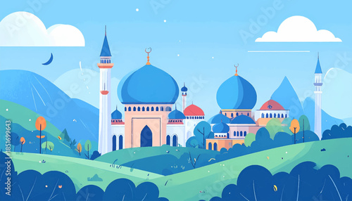 Whimsical, blue-toned landscape featuring a vibrant mosque, rolling hills, crescent moon and stylized trees under the sky