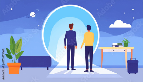 Two figures gaze toward a bright portal in a stylized room under a starry sky in a flat vector illustration