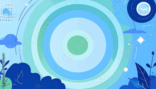 Whimsical, blue-toned, layered circular design with leafy plants, clouds, and a celestial or sci-fi inspired design