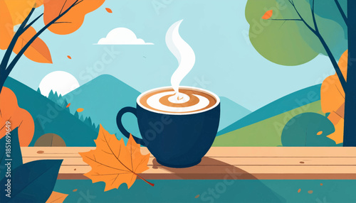 Stylized illustration of a steaming coffee cup on a wooden surface with an autumnal mountain backdrop
