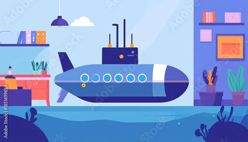 Stylized illustration of a submarine underwater against a background interior