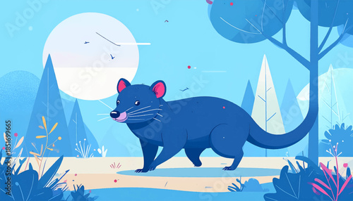 Stylized illustration of a Tasmanian devil in a blue landscape with trees and sun