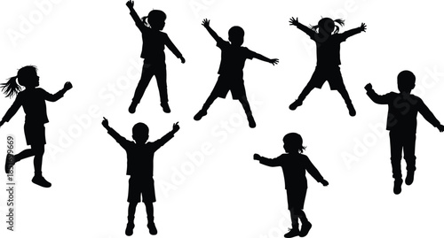 Children silhouettes playing, energetic kids jumping and dancing, playful movement vector, family activity illustration, childhood joy, active youth silhouettes motion set