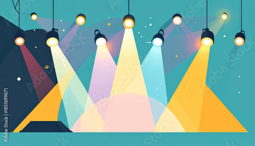 Stylized illustration of stage lights shining on a geometric set against a light blue background