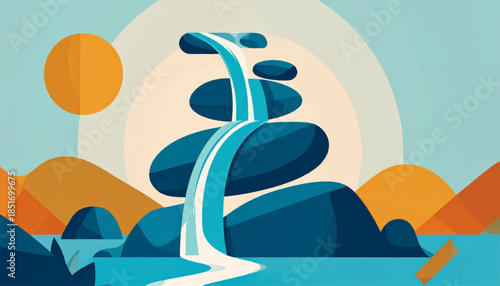Stylized landscape with a cascade of water over balanced stones, mountains and sky in a calming color scheme