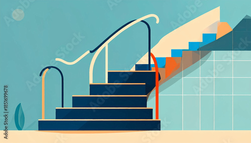 Stylized illustration of steps leading into water, with teal walls and pale yellow accents in a minimalist design