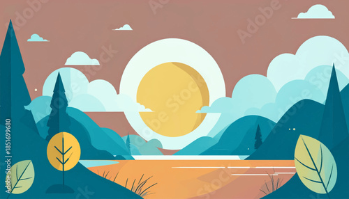 Stylized illustration of a tranquil lake framed by evergreen trees under a sun-drenched sky