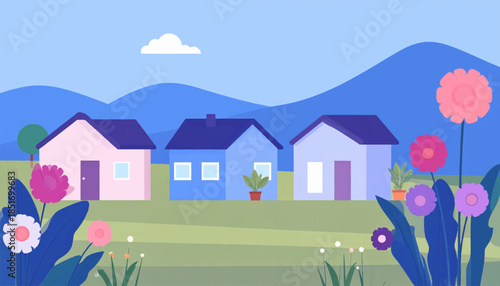 Whimsical cartoon illustration of colorful houses in a field with wildflowers and mountains against a blue sky