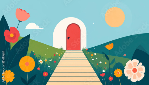 Whimsical cartoon landscape with a red door, flowers, green hills, stairs, and a sun under a blue sky