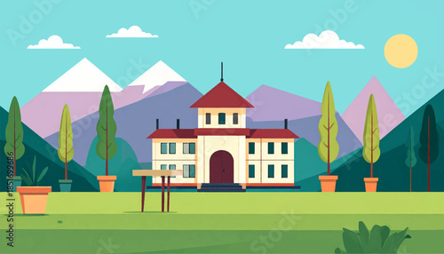 Stylized landscape with a building, mountains, and trees under a bright sun, with a table in front