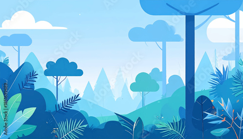 Stylized illustration of a tranquil, blue-toned nature scene with foliage, trees, clouds and distant mountains
