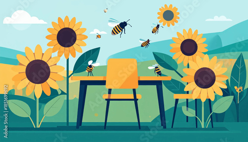 Stylized illustration of sunflowers, bees, and a table with chairs against a mountain backdrop in teal and yellow