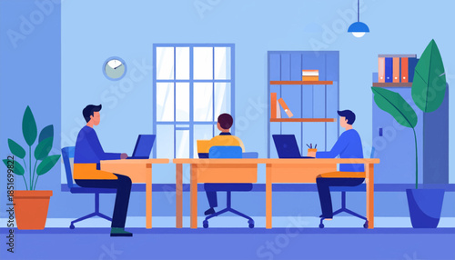 Stylized illustration of three workers at desks in an office setting