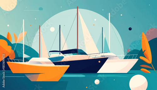 Stylized illustration of three sailboats afloat on blue waters against a calming blue background