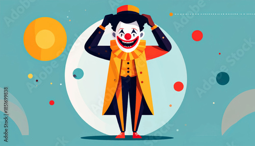 Whimsical clown illustration with bold colors, set against a bright blue background with floating dots