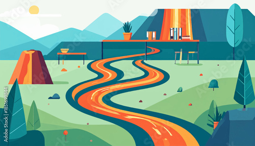 Stylized landscape with a winding orange river, geometric trees, and tables with objects, mountains, and a volcano