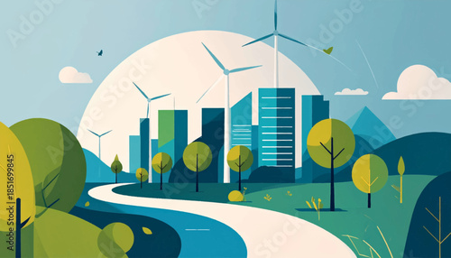 Stylized landscape with buildings, trees, windmills, and a winding road, in shades of blue, green, and yellow