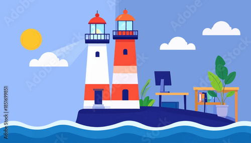 Whimsical coastal office scene with lighthouses, desk, plant, & sunshine