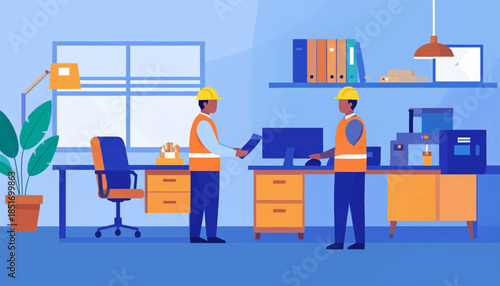Stylized illustration of two construction workers in an office setting, reviewing documents, with blue color palette