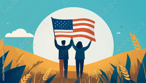 Stylized illustration of two figures holding a flag in a field beneath a large white moon