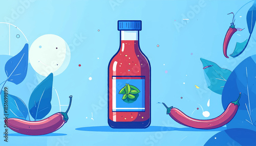 Whimsical depiction of chili sauce bottle with peppers, leaves, and playful shapes on a light blue background