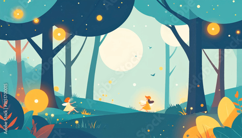 Whimsical forest scene, two fairies carrying glowing spheres in a teal, yellow, and blue illustrated landscape