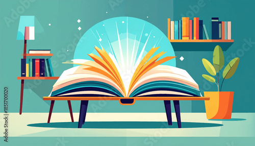 Stylized illustration Opened book radiates light; shelves, plant, lamp decorate teal-walled room