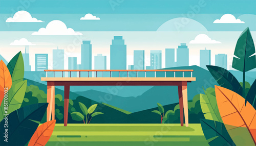Stylized illustration overlooking a cityscape with foliage and mountains, rendered in vector style and muted colors