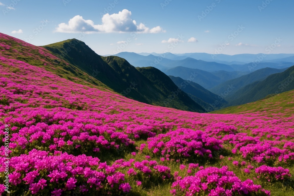 Fototapeta premium Blooming pink rhododendron flowers covering a mountain slope with distant blue ridges under a sunny sky in panoramic landscape view. Ai generative