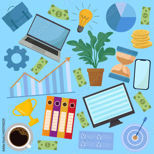 Business entrepreneurship elements laptop money mobile coins graphic chart coffee folders office working