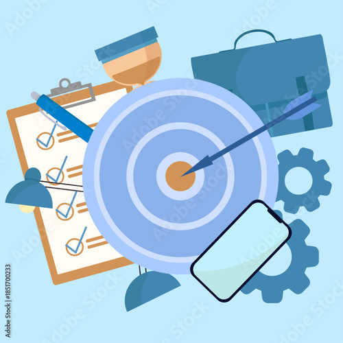Business elements composition target briefcase to do list mobile phone flat illustration