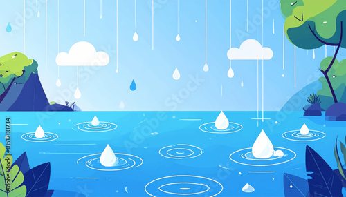 Stylized illustration shows rain falling on a lake surrounded by trees and plants in soft blue hues