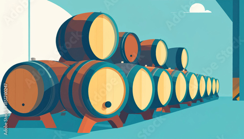 Stylized illustration shows rows of wooden barrels indoors, under a simplified sky with a white cloud element