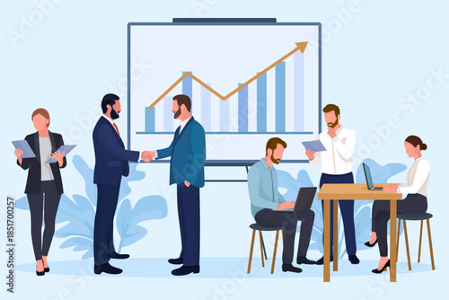 Office workers business men shaking hands for deal woman working on laptop presentation rising graphic