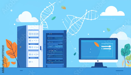 Stylized illustration shows servers, a monitor, DNA, and foliage against a light blue sky with white clouds