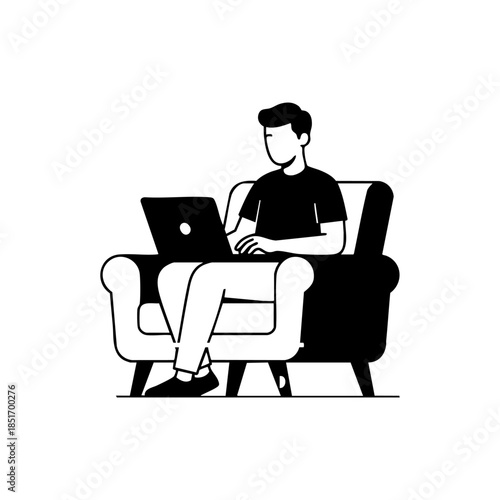 Man sitting in an armchair working on a laptop, flat vector illustration