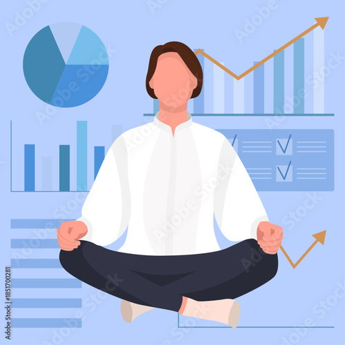 Office worker woman in lotus position with business graphics in background